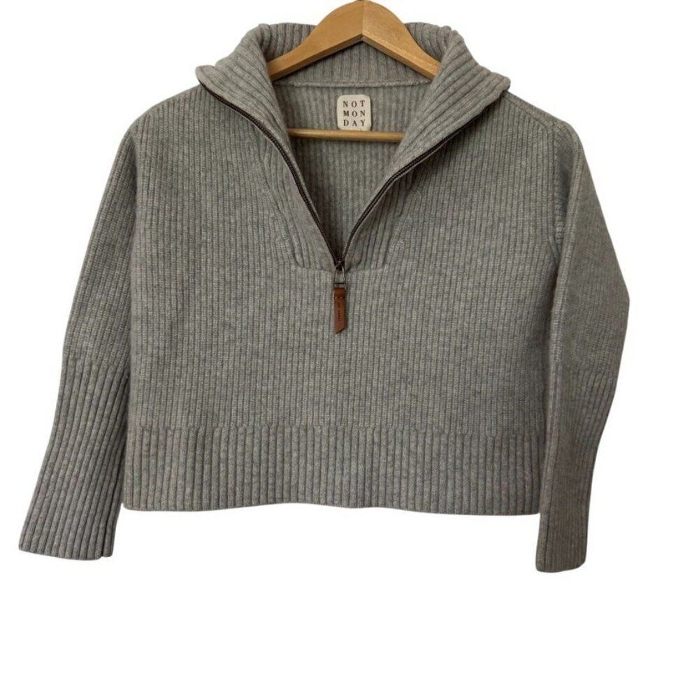 Not Monday Light Gray Ribbed 100% Cashmere Collared Quarter Zip Chunky Sweater